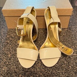 GUESS Women's Beige Heels with Gold Accents